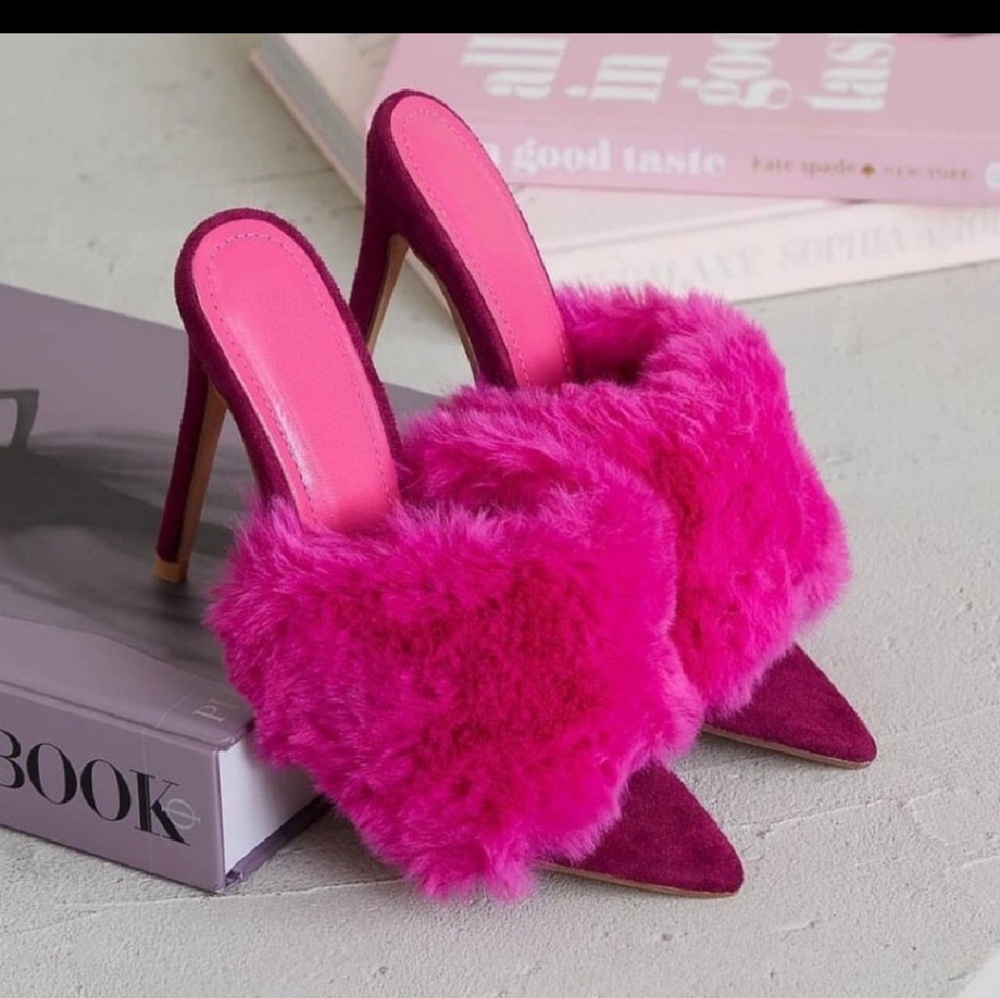 Magenta Faux Fur Mules
